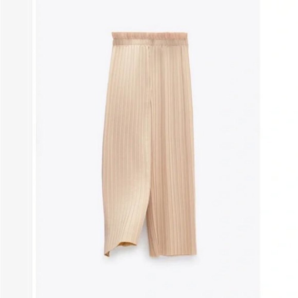 Beige ZARA Pleated Paperbag Elastic Waist Wide Leg Pants Trousers (NWT)
